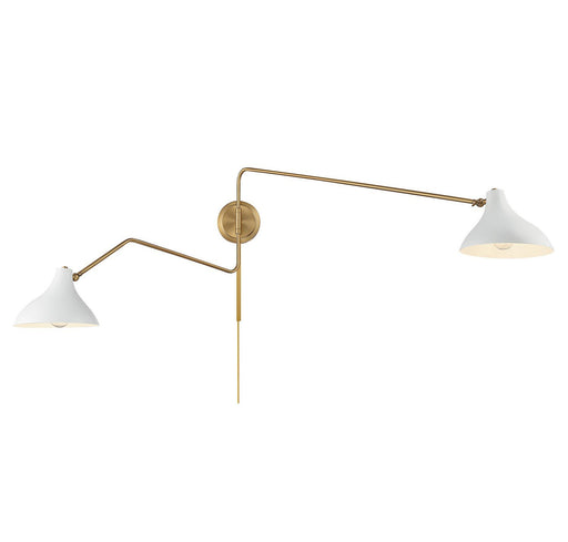 Plug-In Metal Shade 2-Light Swing Arm Wall Lamp in White with Natural Brass