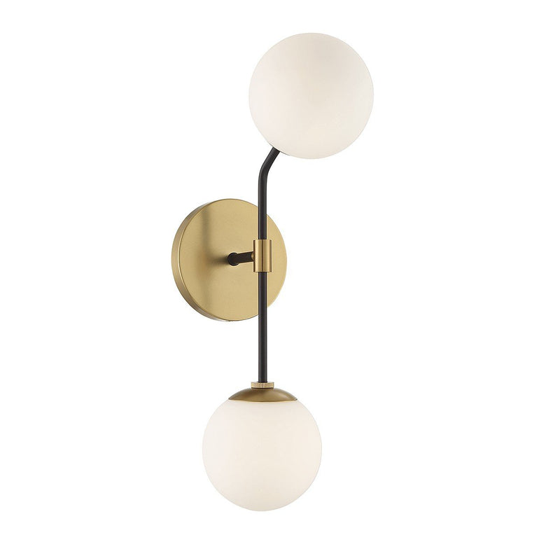 Mid-Century Opal Glass 2-Light Wall Sconce in Matte Black and Natural Brass