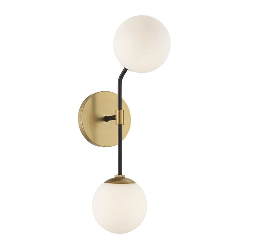 Mid-Century Opal Glass 2-Light Wall Sconce in Matte Black and Natural Brass
