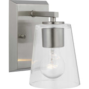 Vertex Clear Glass Bath Sconce in Brushed Nickel