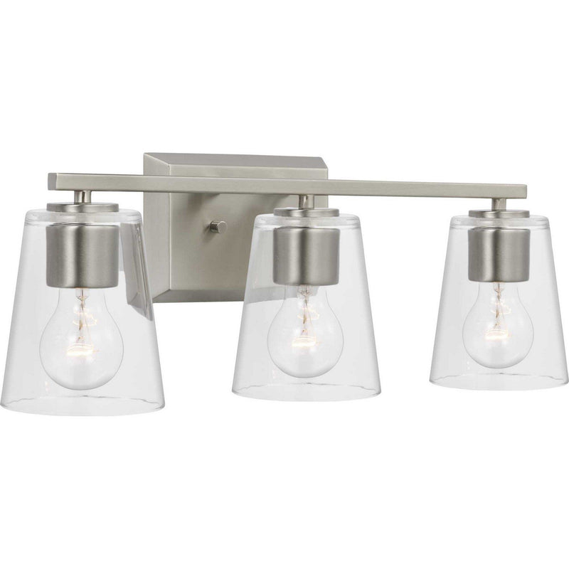 Vertex 3-Light Clear Glass Bath Vanity Light in Brushed Nickel