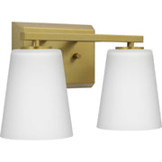 Vertex 2-Light Etched White Glass Bath Vanity Light in Brushed Gold