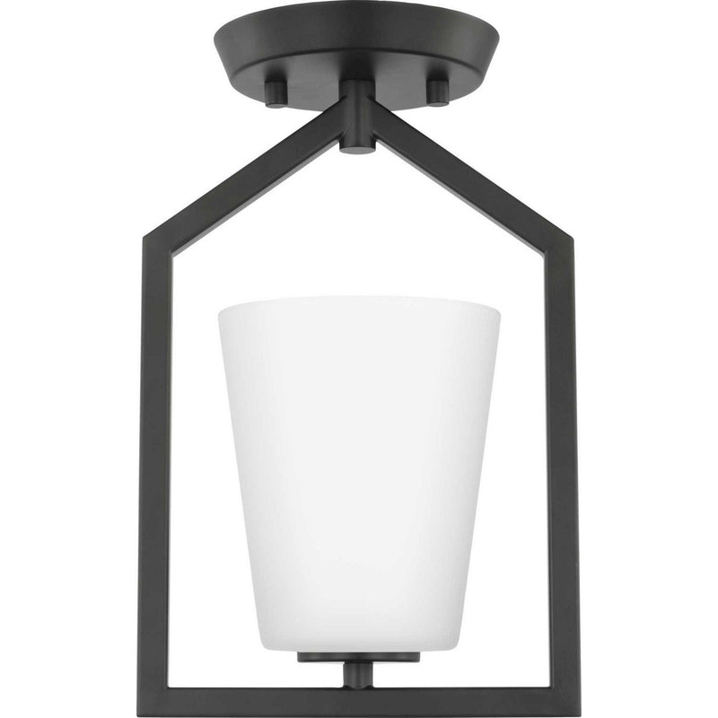 Vertex Etched White Glass Semi-Flush Mount in Matte Black