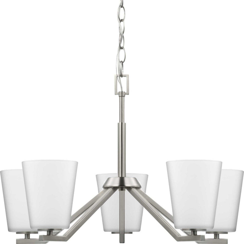 Vertex 5-Light Etched White Glass Chandelier in Brushed Nickel