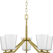 Vertex 5-Light Etched White Glass Chandelier in Brushed Gold