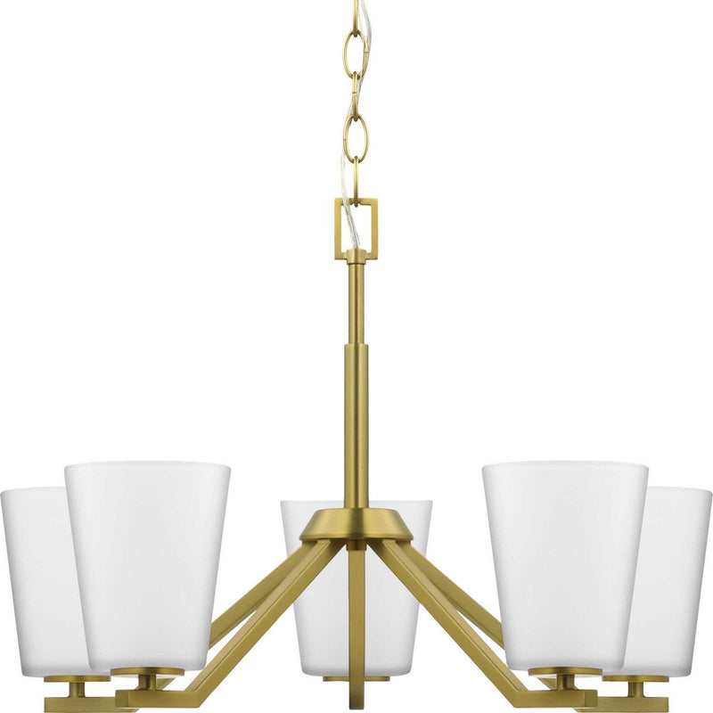 Vertex 5-Light Etched White Glass Chandelier in Brushed Gold