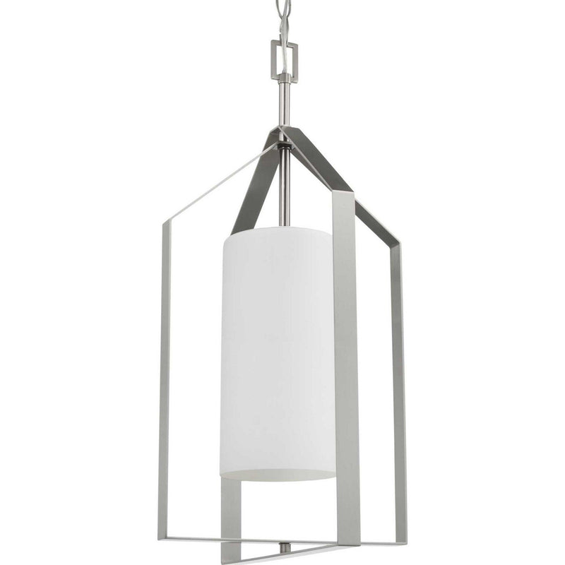 Vertex Etched White Glass Foyer Pendant in Brushed Nickel