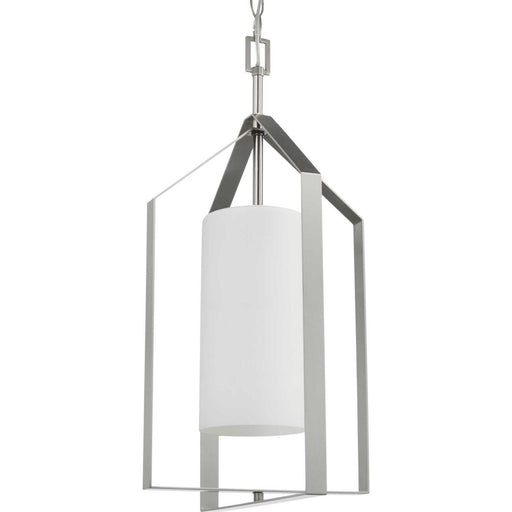 Vertex Etched White Glass Foyer Pendant in Brushed Nickel