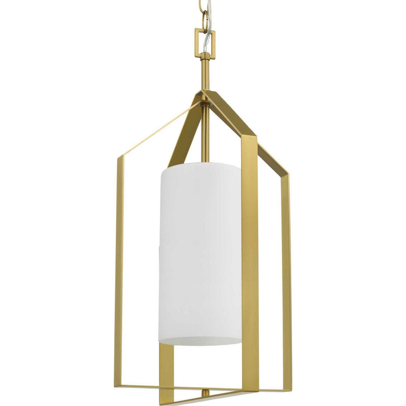 Vertex Etched White Glass Foyer Pendant in Brushed Gold
