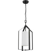 Vertex Etched White Glass Foyer Pendant in Matte Black