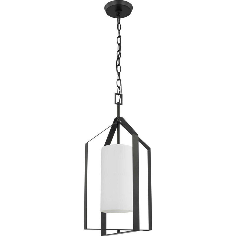Vertex Etched White Glass Foyer Pendant in Matte Black