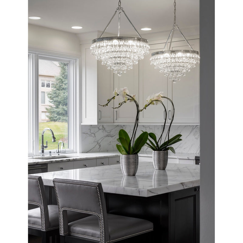 Calypso 8 Light 25" Pendant in Polished Chrome in a room setting