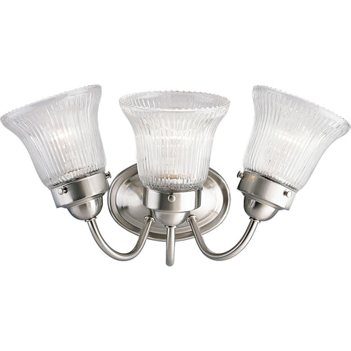Fluted Glass-Clear Three Light Bath Bracket in Brushed Nickel