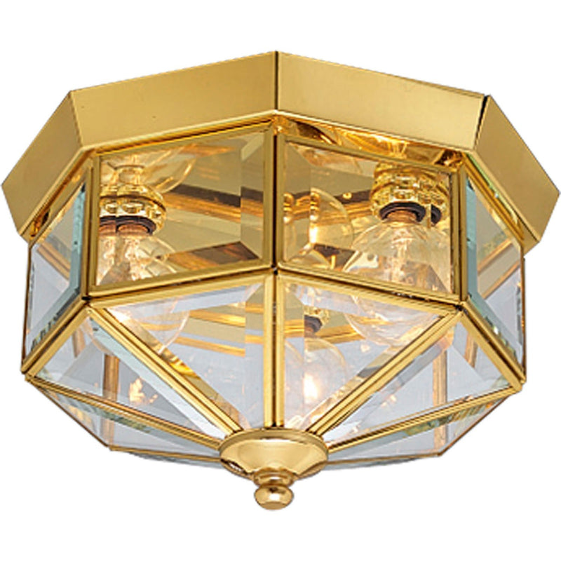 Beveled Glass 3-Light Outdoor Flush Mount in Polished Brass