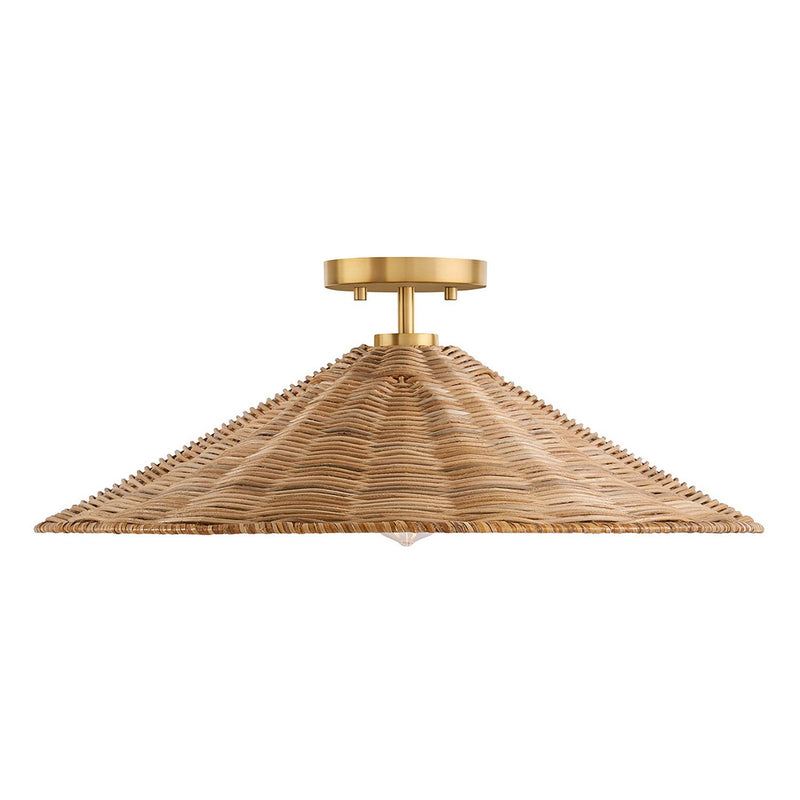Wide Rattan Cone 22" 1-Light Semi-Flush Mount in Natural Brass