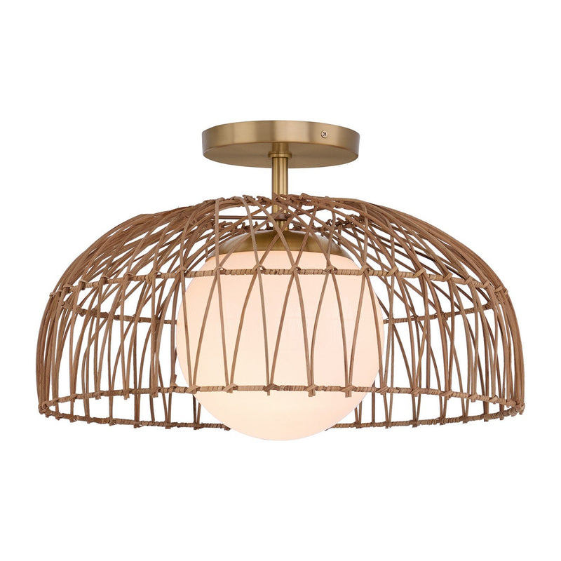 Rattan and Etched Glass 18" 1-Light Convertible Pendant in Natural Brass