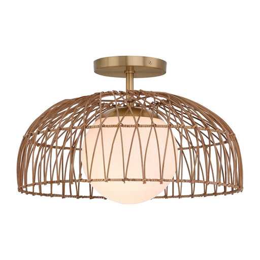 Rattan and Etched Glass 18" 1-Light Convertible Pendant in Natural Brass