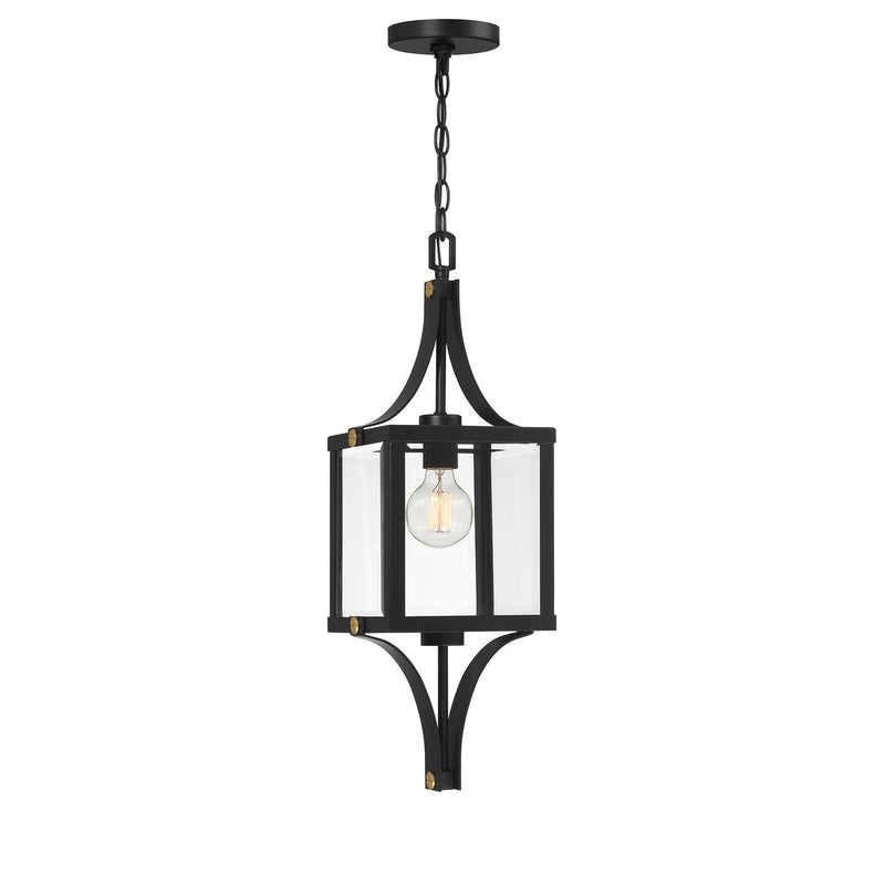 Raeburn Outdoor Lantern Pendant in Matte Black and Weathered Brushed Brass
