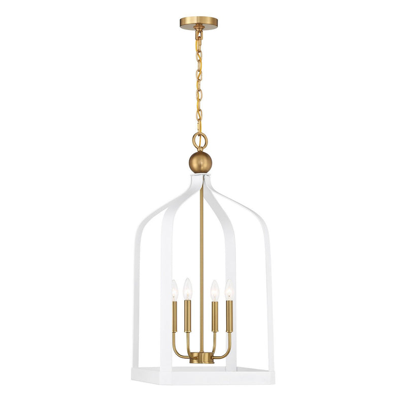 Sheffield 4-Light Lantern Pendant in White with Warm Brass Accents