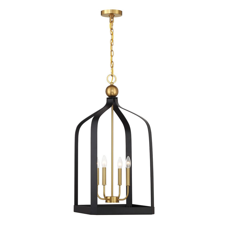 Sheffield 4-Light Lantern Pendant in Matte Black with Warm Brass Accents