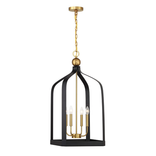 Sheffield 4-Light Lantern Pendant in Matte Black with Warm Brass Accents