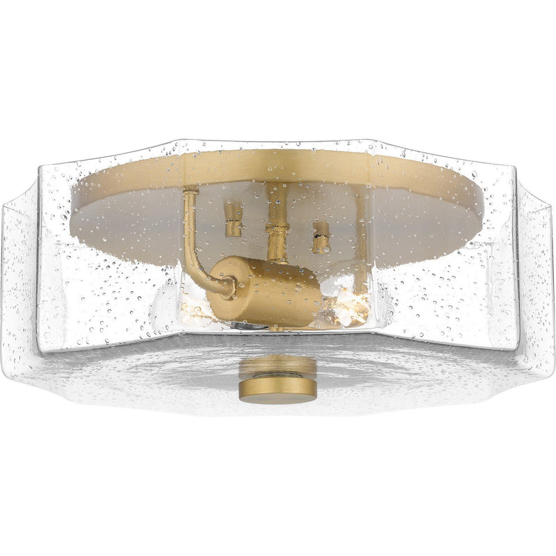 Geometric Seedy Glass 2-Light Flush Mount in Aged Brass