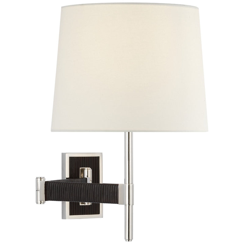 Elle Swing Arm Wall Sconce in Polished Nickel and Black Rattan