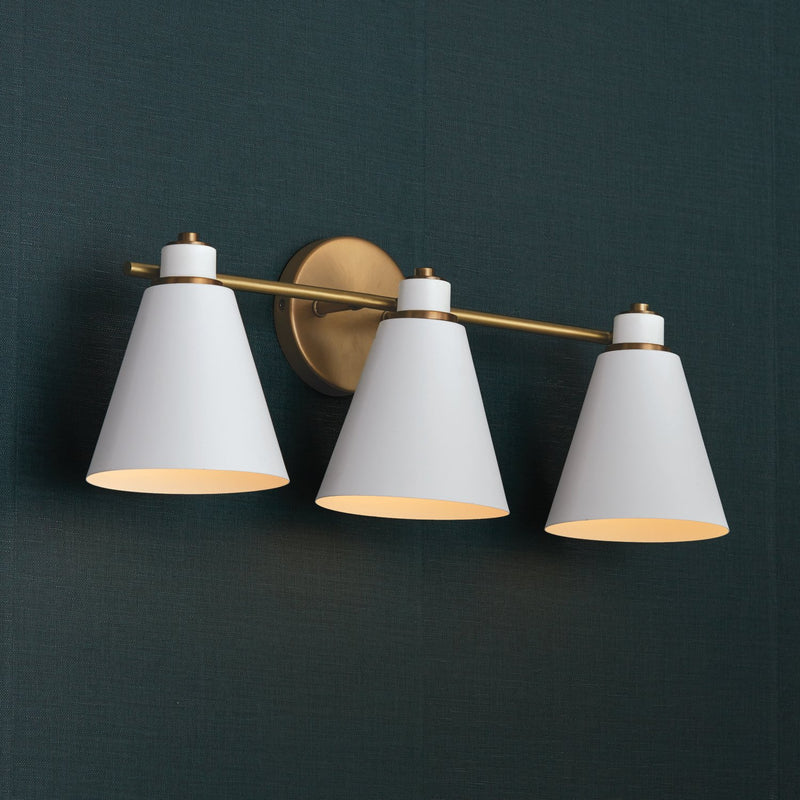 Bradley 3-Light Bath Vanity Light in Aged Brass and White