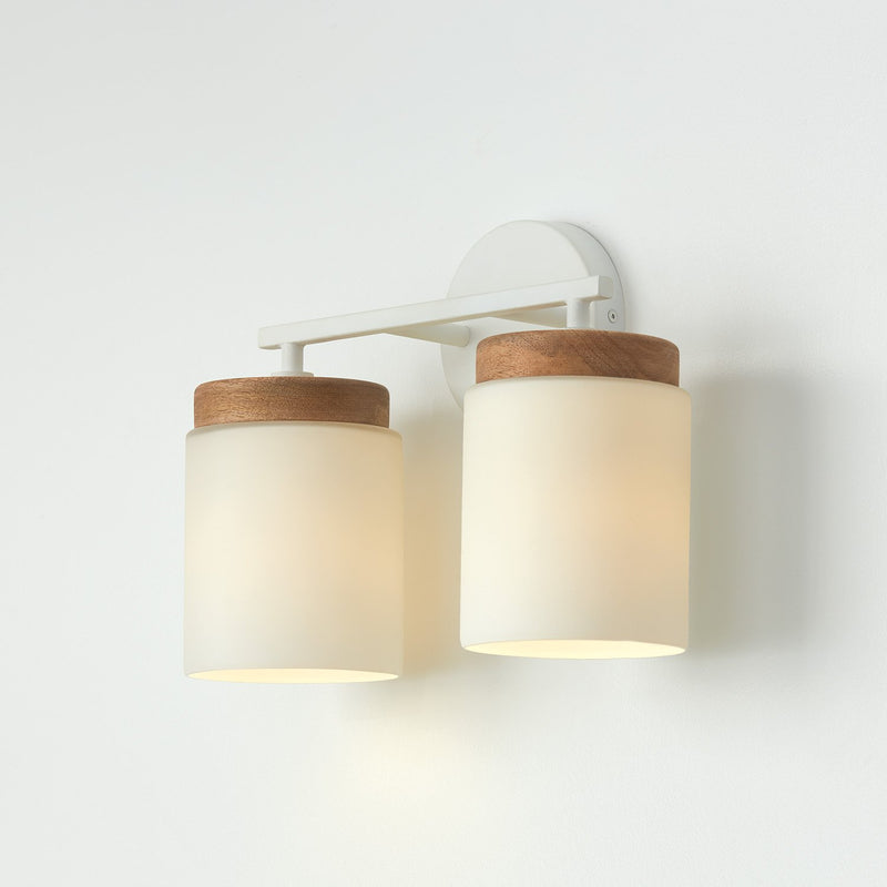Liam 2-Light Bath Vanity Light in Light Wood and White