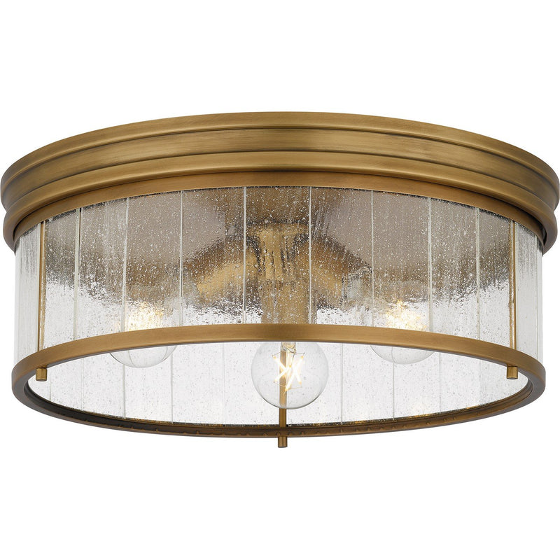 Seedy Glass Drum 3-Light Flush Mount in Weathered Brass