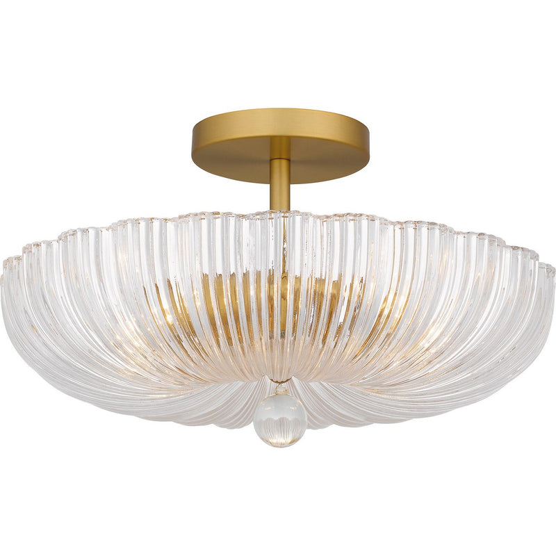 Ribbed Glass Bowl 3-Light Semi-Flush Mount in Brushed Gold
