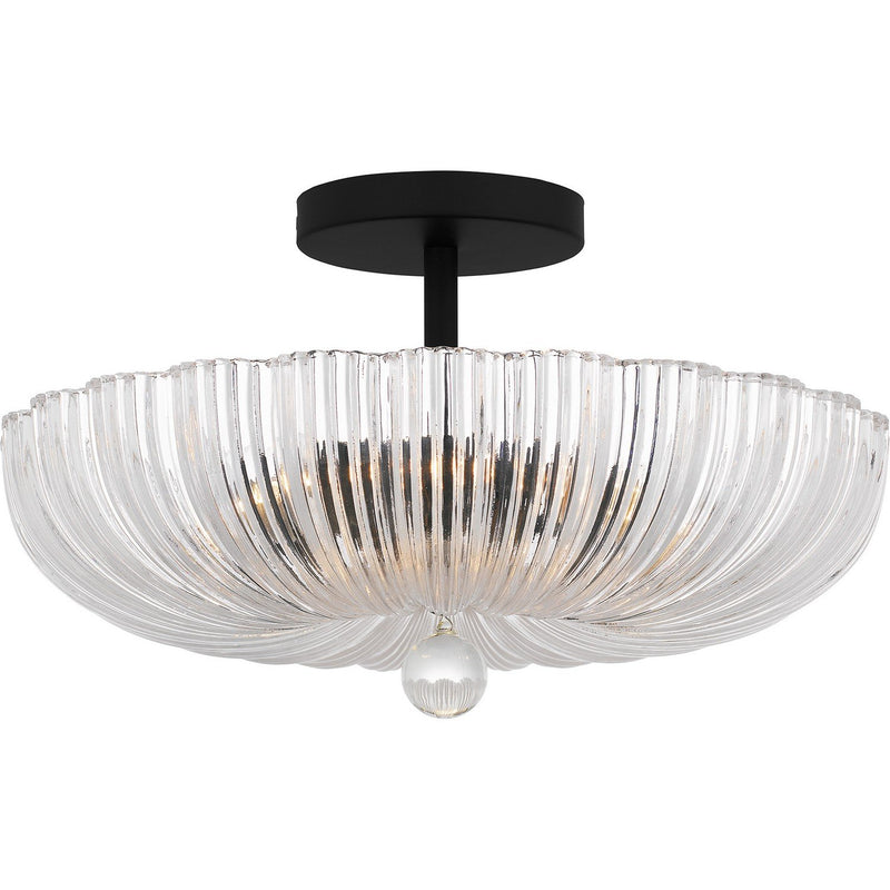 Ribbed Glass Bowl 3-Light Semi-Flush Mount in Matte Black