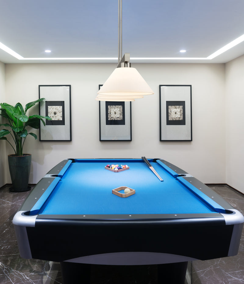 Cobalt 3 Light Billiard, Glass Shades (A14) in Brushed Nickel in a room setting