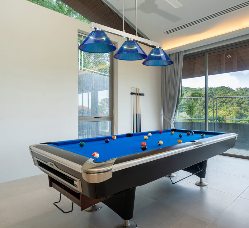Cobalt 3 Light Billiard, Acrylic & Plastic Shades in Brushed Nickel in a room setting