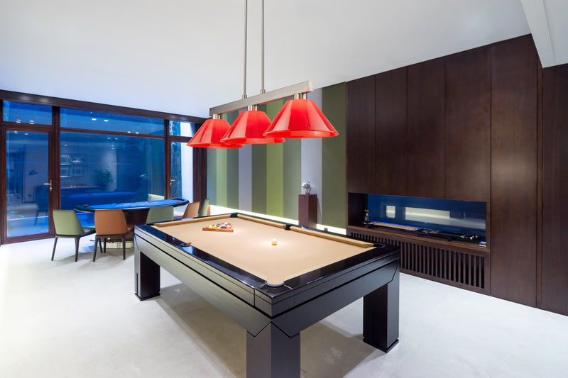 Cobalt 3 Light Billiard, Plastic Shades in Brushed Nickel in a room setting