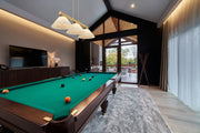 Cobalt 3 Light Billiard, Glass Shades (A14) in Modern Gold in a room setting