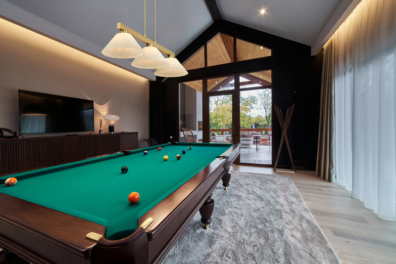 Cobalt 3 Light Billiard, Glass Shades (A14) in Modern Gold in a room setting
