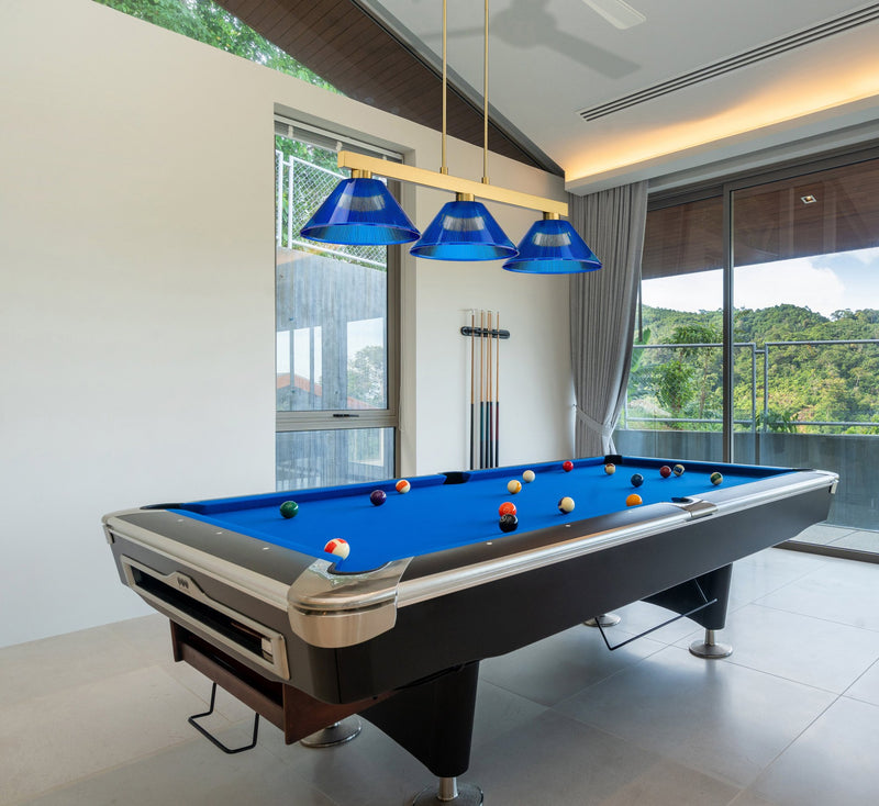 Cobalt 3 Light Billiard, Acrylic & Plastic Shades in Modern Gold in a room setting