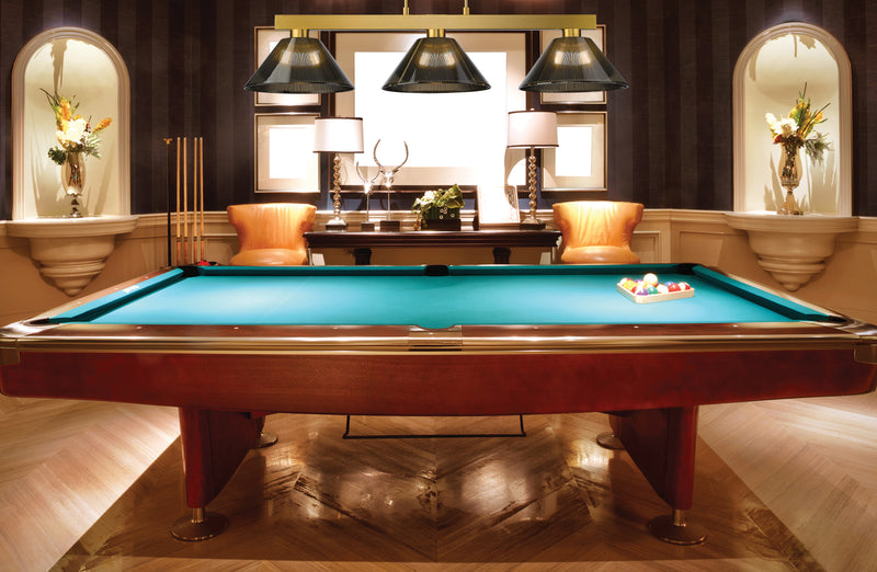 Cobalt 3 Light Billiard, Acrylic & Plastic Shades in Modern Gold in a room setting
