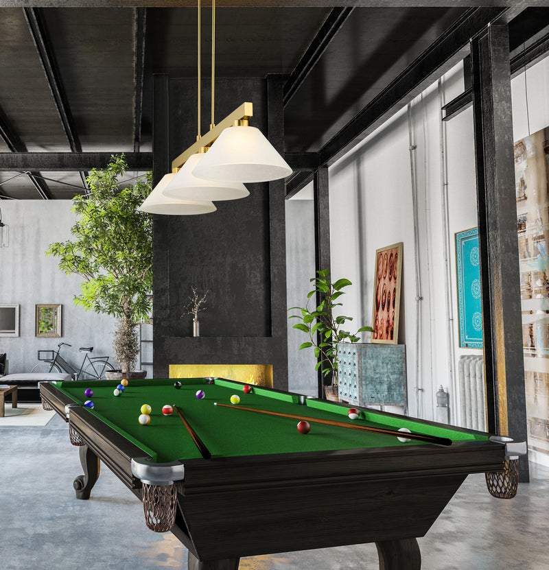 Cobalt 3 Light Billiard, Glass Shades (A14) in Modern Gold in a room setting