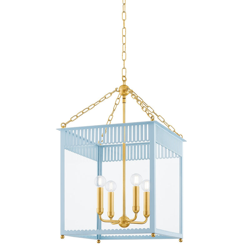 Rosalie Four Light Lantern in Aged Brass/Soft Arctic Blue