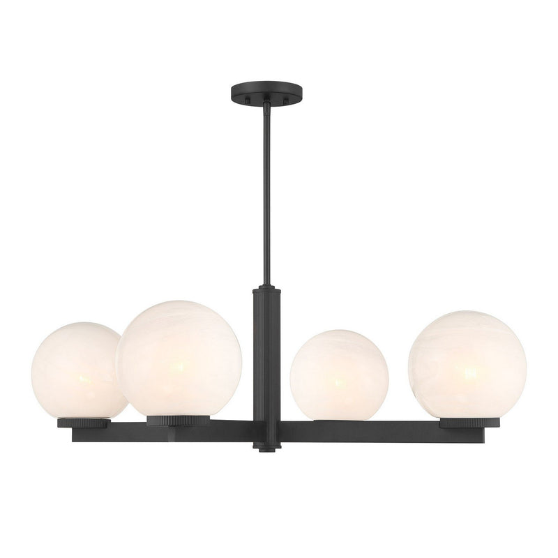 Strie Glass Globe 38" 4-Light Chandelier in Matte Black