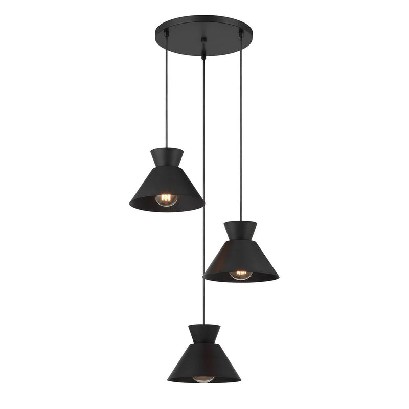 Mid-Century Cone Shade 3-Light Cluster Pendant in Matte Black