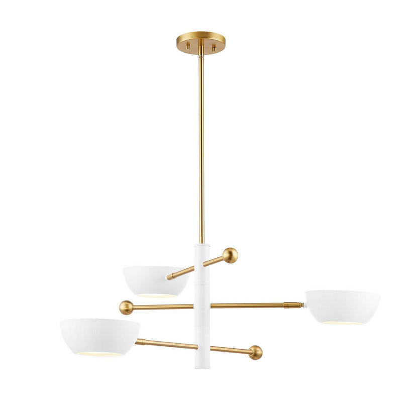 Geometric Metal Shade 34" 3-Light Chandelier in White and Natural Brass