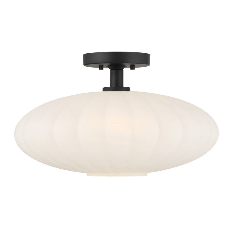 White Strie Glass 18" 1-Light Semi-Flush Mount in Matte Black