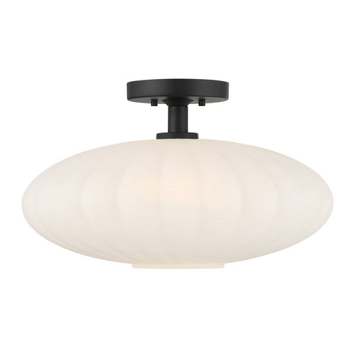 White Strie Glass 18" 1-Light Semi-Flush Mount in Matte Black