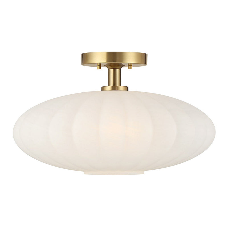 White Strie Glass 18" 1-Light Semi-Flush Mount in Natural Brass