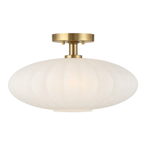 White Strie Glass 18" 1-Light Semi-Flush Mount in Natural Brass