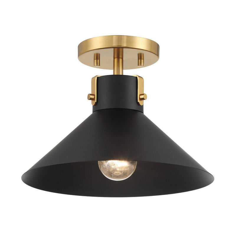 Modern Exposed Bulb Cone 1-Light Semi-Flush Mount in Matte Black and Natural Brass