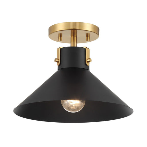 Modern Exposed Bulb Cone 1-Light Semi-Flush Mount in Matte Black and Natural Brass
